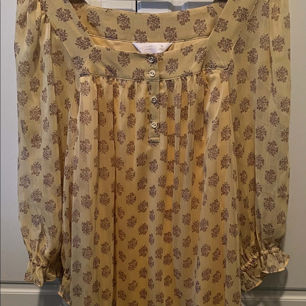 LC Lauren Conrad Yellow Floral Button-Front Peasant Blouse with Brown Print
